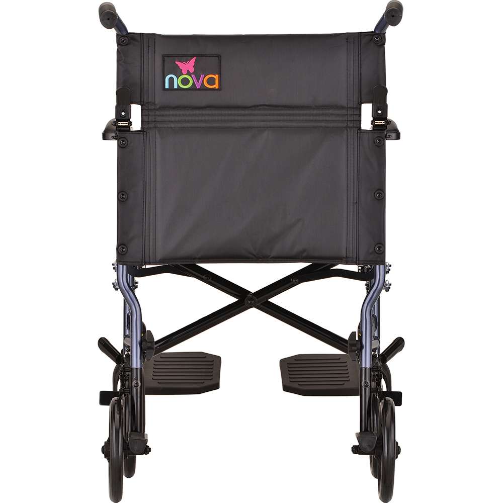 Nova Lightweight Transport Chair with Removable Wheels – 18″ with Swing Away Footrests – Blue