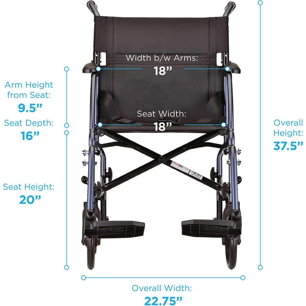 Nova Lightweight Transport Chair with Removable Wheels – 18″ with Swing Away Footrests – Blue