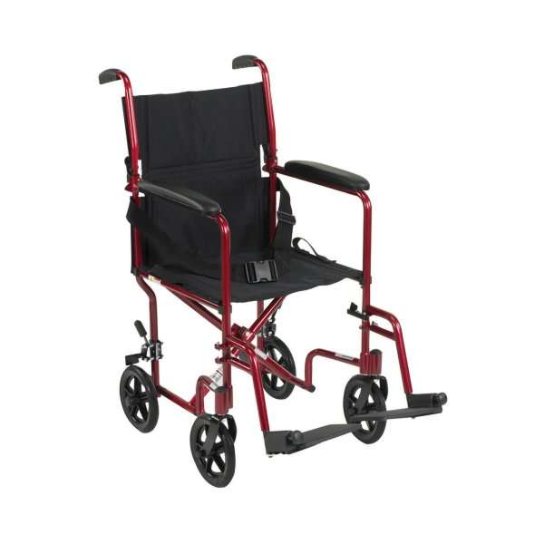 McKesson Lightweight Transport Chair Aluminum Frame with Red Finish 300 lbs. Weight Capacity Fixed Height / Padded Arm Black Upholstery