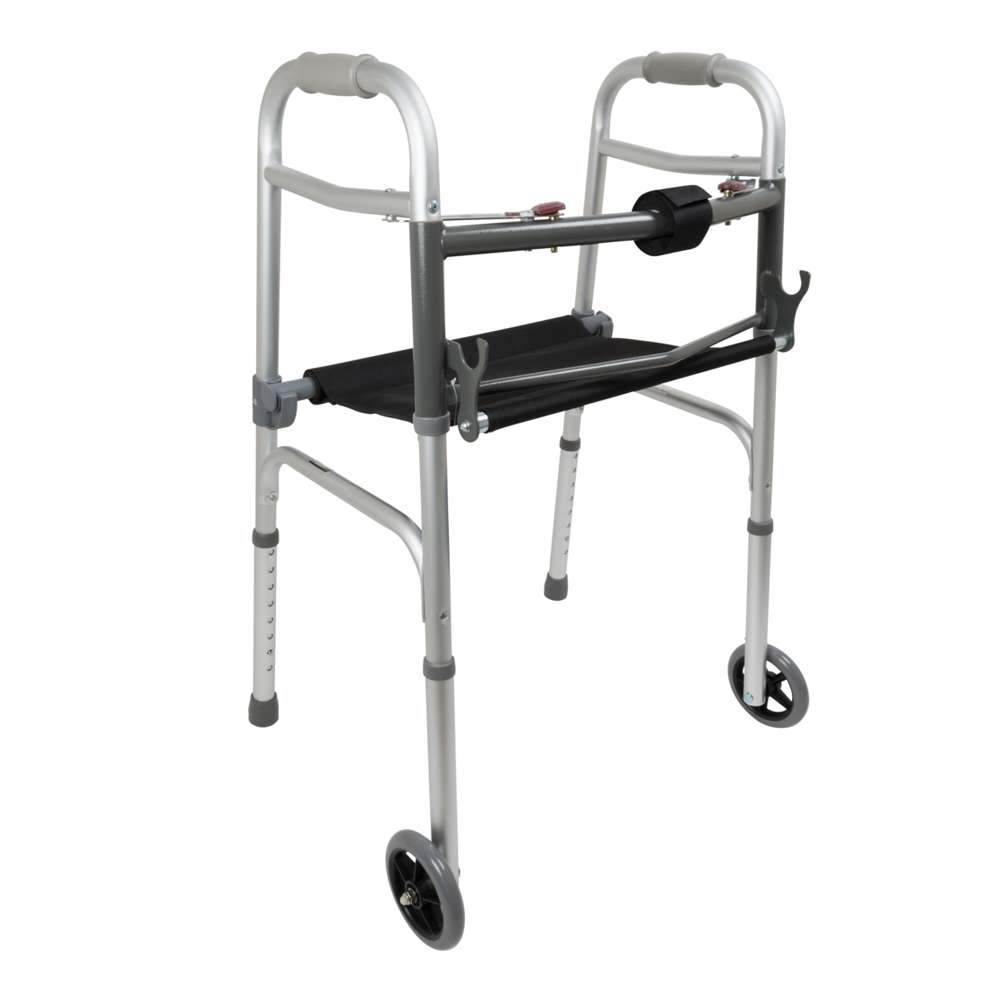 ProBasics Two-Button Folding Walker With Folding Seat Wheels