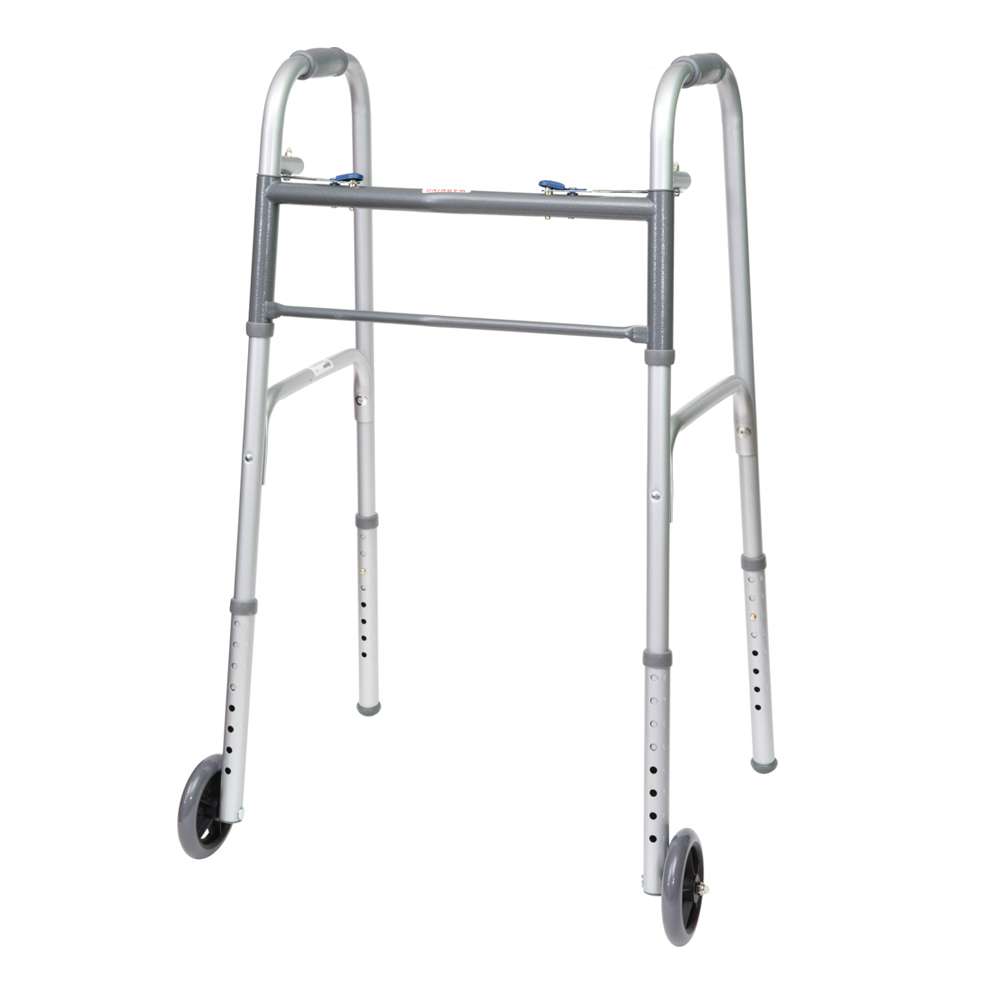 ProBasics Economy Two-Button Folding Steel Walker with 5″ Wheels (Adult) (Case of 4)