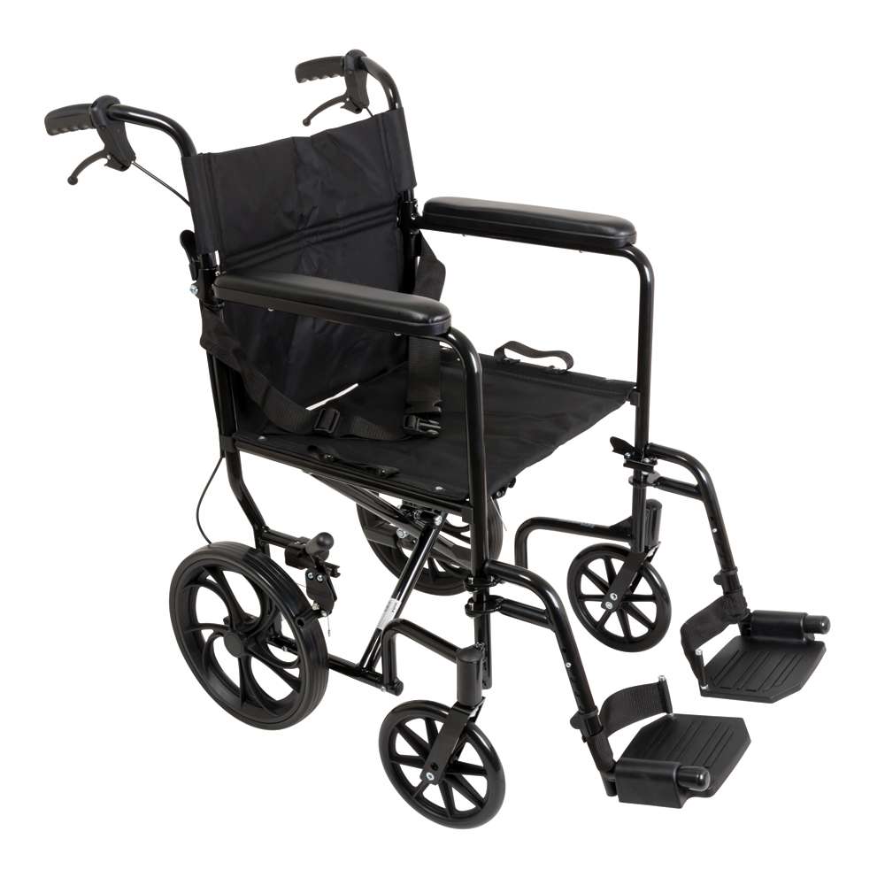 ProBasics Aluminum Transport Chair with 12" rear wheels, lightweight and foldable, ideal for patient transfers
