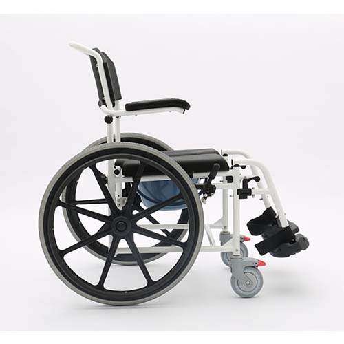 A lineup of shower wheelchairs in a bright, clean bathroom setting.