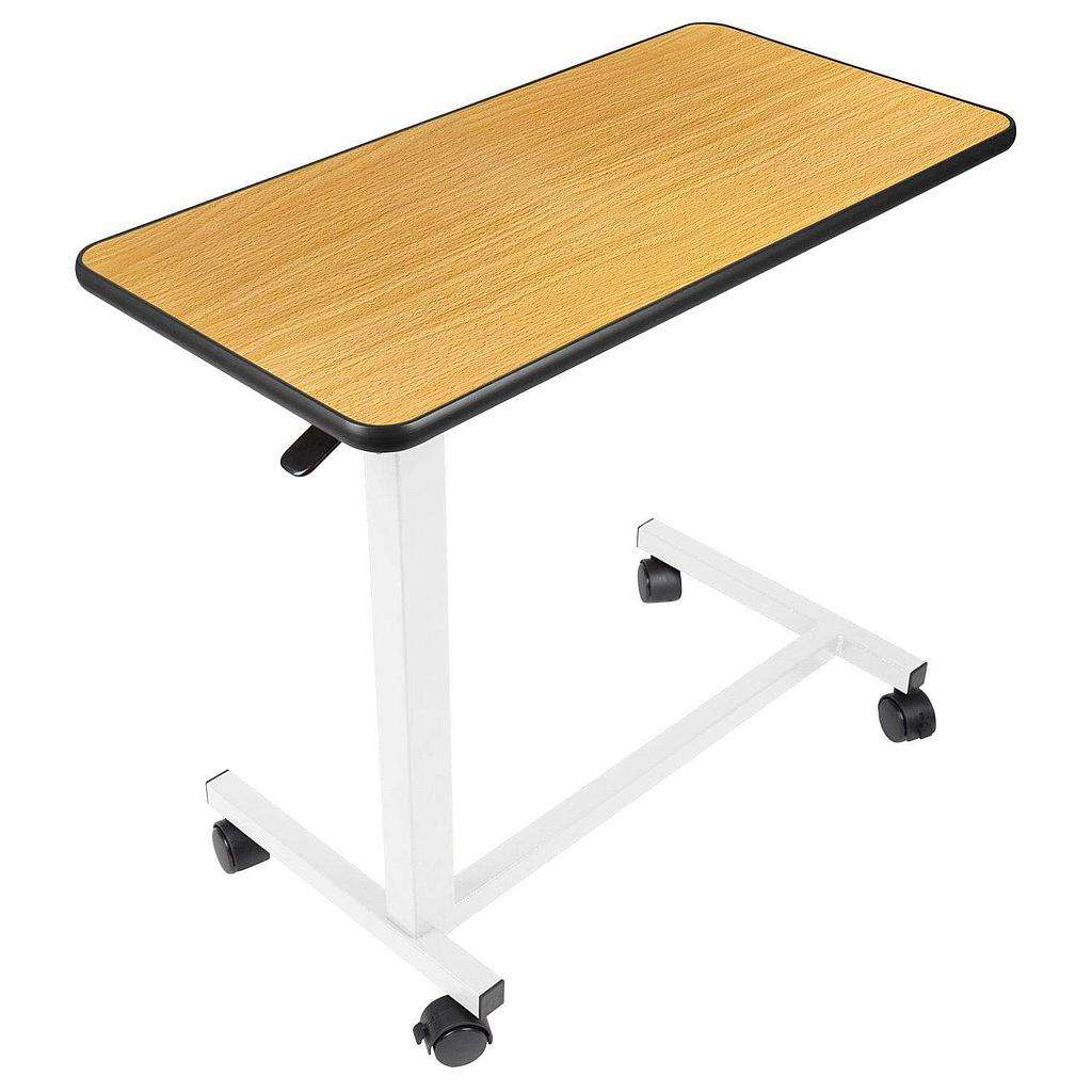 Medical bedside table in white color with adjustable features and storage compartments