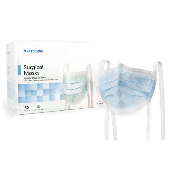 McKesson Surgical Mask Pleated Tie Closure One Size Fits Most Blue NonSterile ASTM Level 1 Adult