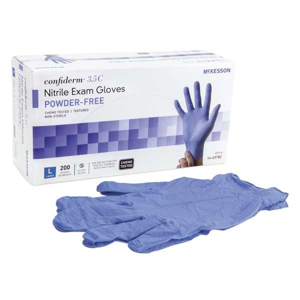 McKesson Exam Glove Confiderm® 3.5C Large NonSterile Nitrile Standard Cuff Length Textured Fingertips Blue Chemo Tested