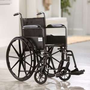 McKesson Wheelchair Dual Axle Full Length Arm Black Upholstery 18 Inch Seat Width Adult 300 lbs. Weight Capacity