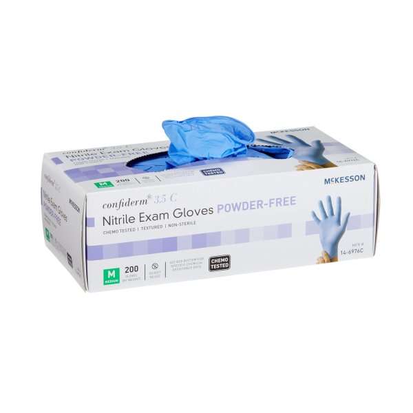 McKesson Exam Glove Confiderm® 3.5C Medium NonSterile Nitrile Standard Cuff Length Textured Fingertips Blue Chemo Tested