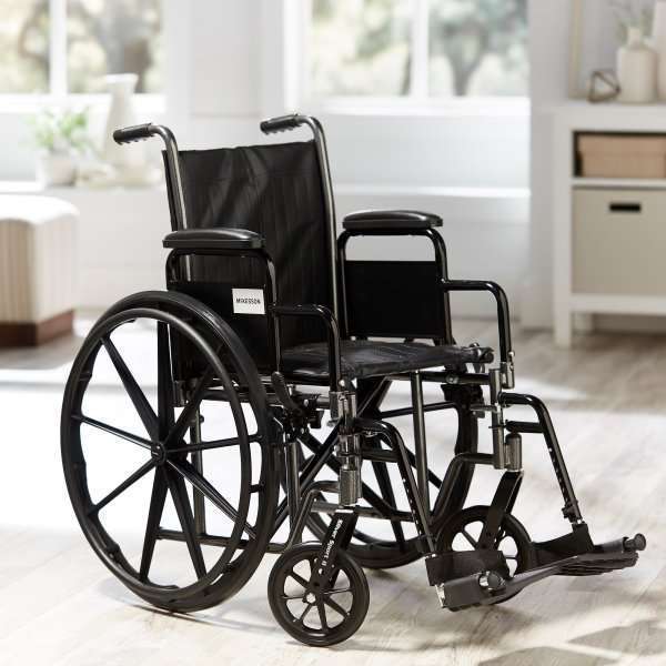 McKesson Wheelchair Dual Axle Desk Length Arm Swing-Away Footrest Black Upholstery