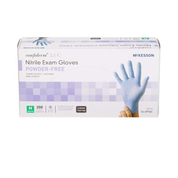 McKesson Exam Glove Confiderm® 3.5C Medium NonSterile Nitrile Standard Cuff Length Textured Fingertips Blue Chemo Tested