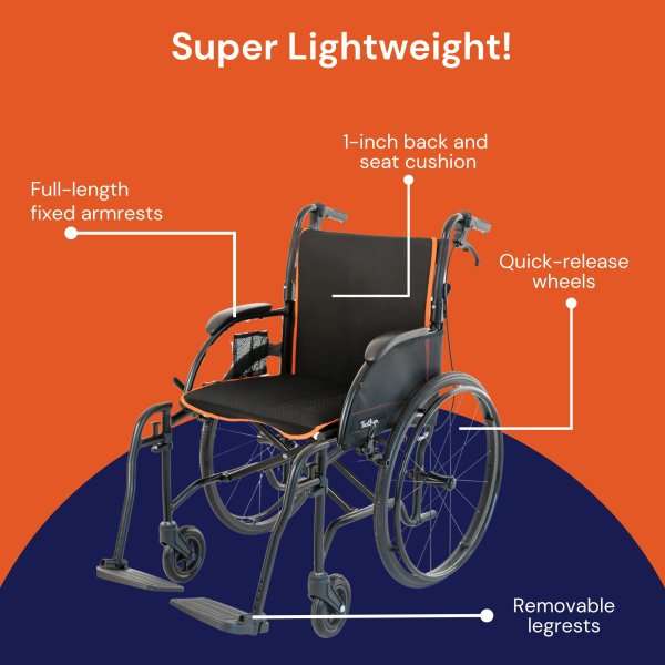 Feather Mobility Lightweight Wheelchair Full Length Arm Swing-Away Footrest Gray / Orange Upholstery 18 Inch Seat Width Adult 250 lbs. Weight Capacity